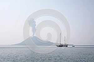 Boat ship krakatoa island mountain eruption Indonesia Sea