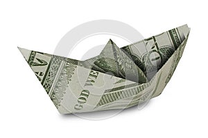 Boat or ship made from a us one dollar bill isolated