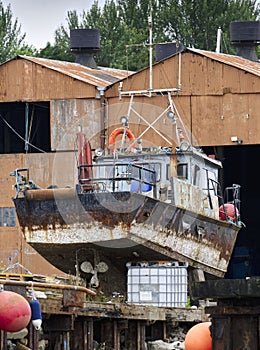 Boat at shipyard for repair at Clynder in Argyll and Bute