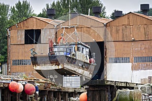 Boat at shipyard for repair at Clynder in Argyll and Bute