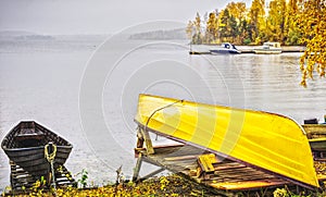 Boat on shores, Lake Pyhajarvi, Finland photo