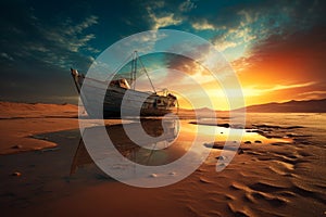 Boat sitting on top of sandy beach at sunset. Generative AI