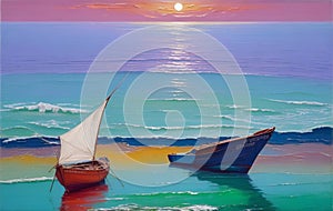 boat, sky, sea, oil on canvas, watercolor, 2D oil painting. Wallpaper. Created using Ai generator