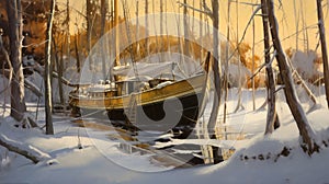 Boat On Snow Cove: A Golden Light Painting