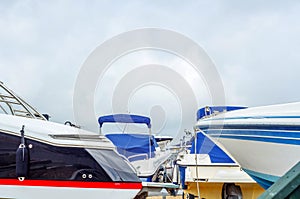 Boat on stand on the shore, close up on the part of the yacht, l