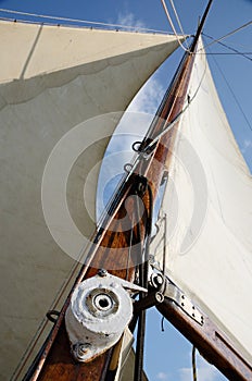 Boat standing and running rigging - mainsail,backstay,ropes photo