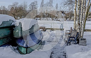 A boat station closed until spring on the banks of the Izhora River in Kolpino, St. Petersburg