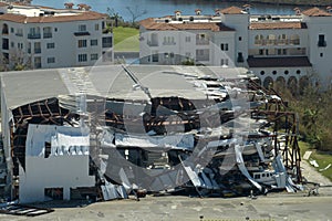 Boat station destroyed by hurricane wind in Florida coastal area. Consequences of natural disaster