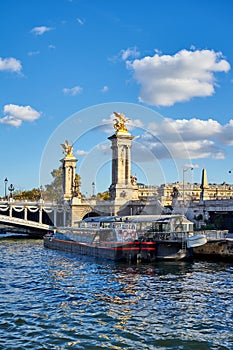 Boat Stationed In Front Of Alexander III Bridge In Paris France