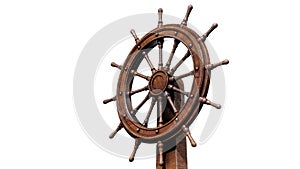 The boat steering wheel is surrounded by Pirate ship, card chest, cannon and compass on the beach.-3d rendering photo