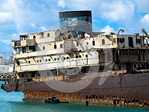 Boat stranded on the coast. Lanzarote, Spain, Europe. Lost Place