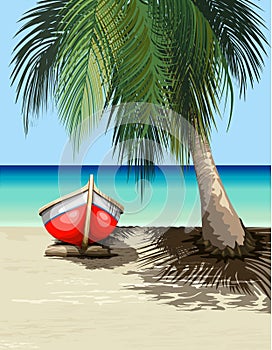 Boat on Sunny Tropical Beach Tranquil Exotic Scenery Vector illustration