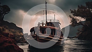 boat at sunset A scary canal boat with a dead tree in a sea with storms, rocks,