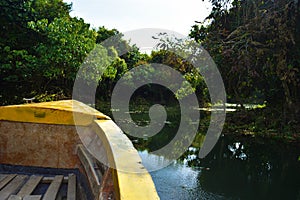 A boat tour in Buxa Tiger Reserve in West Bengal, India. A ride through the jungle. Front of the boat visible to the right