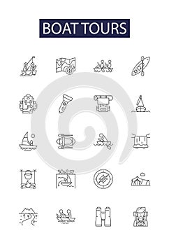 Boat tours line vector icons and signs. Tours, Cruises, Charters, Sightseeing, River, Oceans, Lakes, Harbors outline photo