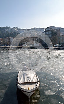 Boat trapped in ice lake