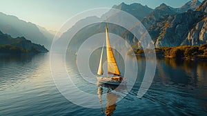 Boat Traveling Down River Surrounded by Mountains