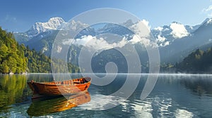 Boat Traveling Down River Surrounded by Mountains