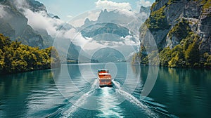 Boat Traveling Down River Surrounded by Mountains