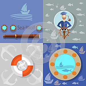 Boat trip, ocean cruise, lifebuoy sailor, vector icons