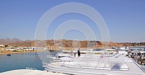 Boat trip to the coral reefs of Tiran Island. The area attracts divers and snorkelers. Clear water, with many lagoons and coral