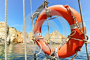 Boat trip to Ponta da Piedade, Life belt, rocky coastline and beaches near Lagos, Algarve Portugal