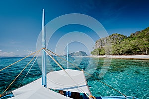 Boat trip to tropical islands El Nido, Palawan, Philippines. Discover exploring unique nature island, journey to paradise