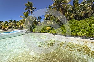 Boat and tropical beach in caribbean sea, Saona island, Dominican Republic