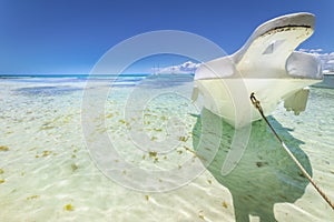 Boat and tropical beach in caribbean sea, Saona island, Dominican Republic