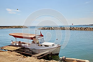 Boat in turkey on the shores of the Mediterranean sea, during the covid 19 pandemic