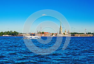 The boat on underwater wings floats across Neva to the Peter and Paul Fortress in St. Petersburg