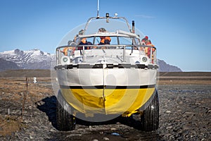 Boat used in the tour among the icebergs coming from the Skaftafellsjokul glacier in the Jokulsarlon lagoon in Iceland