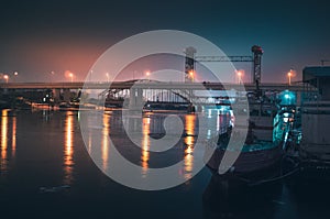 Boat on the waterfront of river at night. Rostov-on-Don