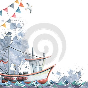 A boat on the waves with seagulls, garlands with flags and watercolor spots. Watercolor illustration. Corner frame for