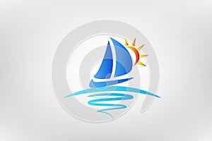 Boat Waves And Sun Logo Vector