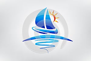 Boat Swirly Waves And Sun Logo Vector