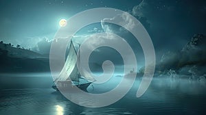 a boat with a white sail drifting in the vast sea under a twilight blue sky, enveloped in mist, with the moon casting a