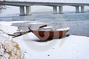 A boat on the winter coast.