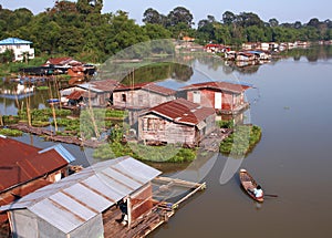 Boat and wooden hut on river