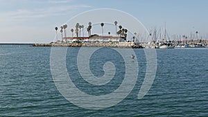 Boat or yacht sailing, Oceanside harbor, summer vacations in California USA. Seascape from sailboat.