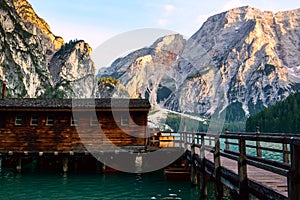 The Boathouse at Lake Braies in Dolomites mountains