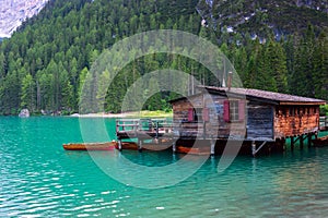 The Boathouse at Lake Braies in Dolomites mountains