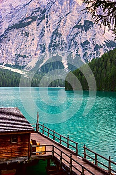 The Boathouse at Lake Braies in Dolomites mountains