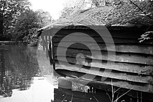 Boathouse on a lake - Ilford FP4 Plus B&W Film photo
