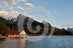 The Boathouse at Maligne Lake at Sunset, Jasper