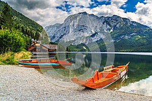 Boathouse and wooden boats on the lake,Altaussee,Salzkammergut,Austria photo