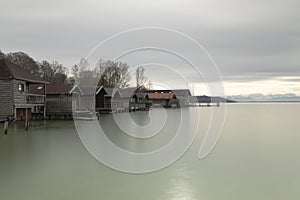 Boathouses at lake Starnberger See, Bavaria, Germany