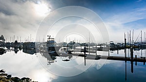 Boating harbor on a cold, misty morning