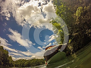 Boating on a lake in the mountains