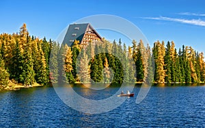 Boating on lake - tarn Strbske pleso in High tatras mountains, Slovakia